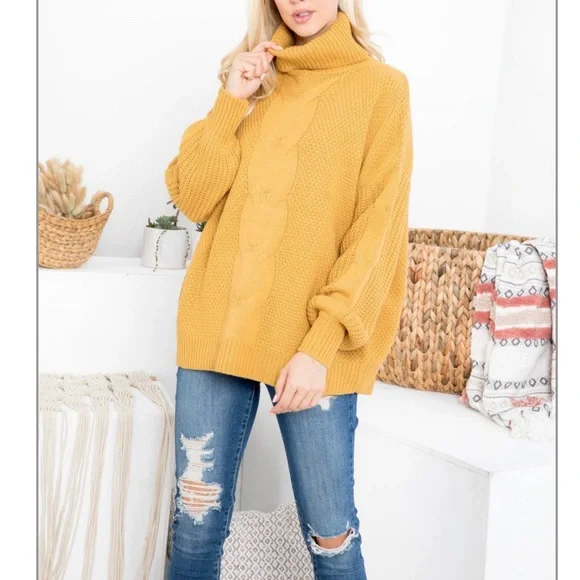 NWT Mustard Cableknit Turtleneck Sweater - Picture 2 of 14